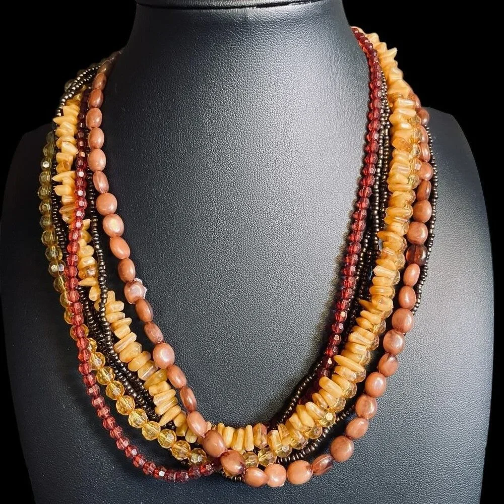 Multistrand Beaded Necklace Boho Earth Tone Layered Natural Stone Seed‎ Beads